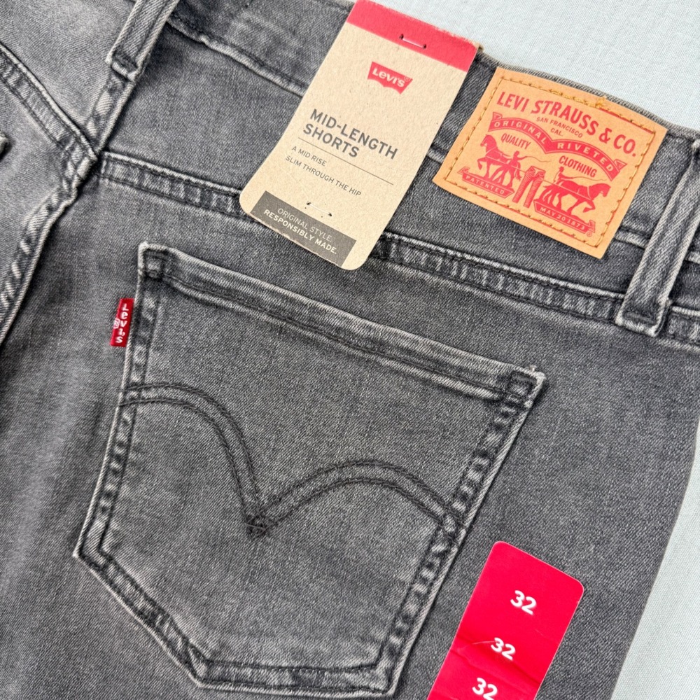 New Levis Womens Shorts Size 32 Charcoal Mid Length Denim Mid‎ Rise Raw Hem